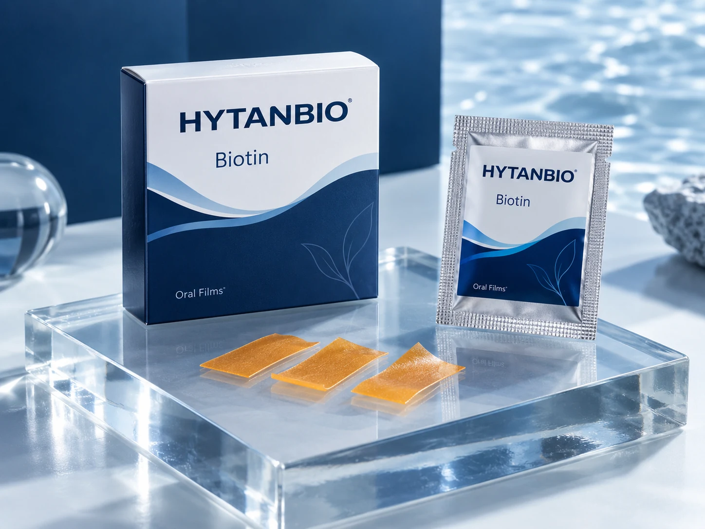 HYTANBIO Biotin Beauty Oral Films illustrative thin-film product and sachet packaging