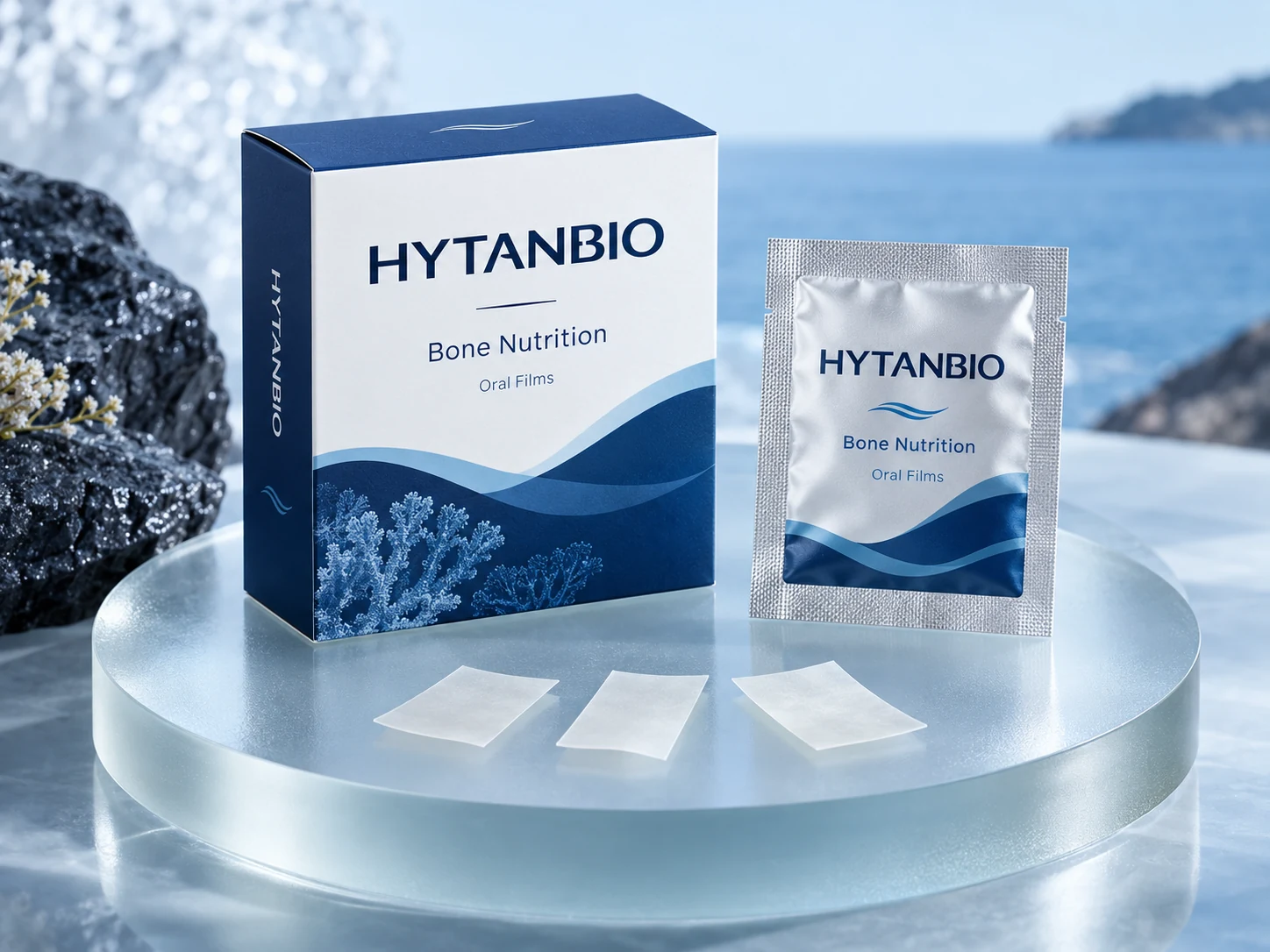 HYTANBIO Bone Nutrition Oral Films illustrative thin-film product and sachet packaging