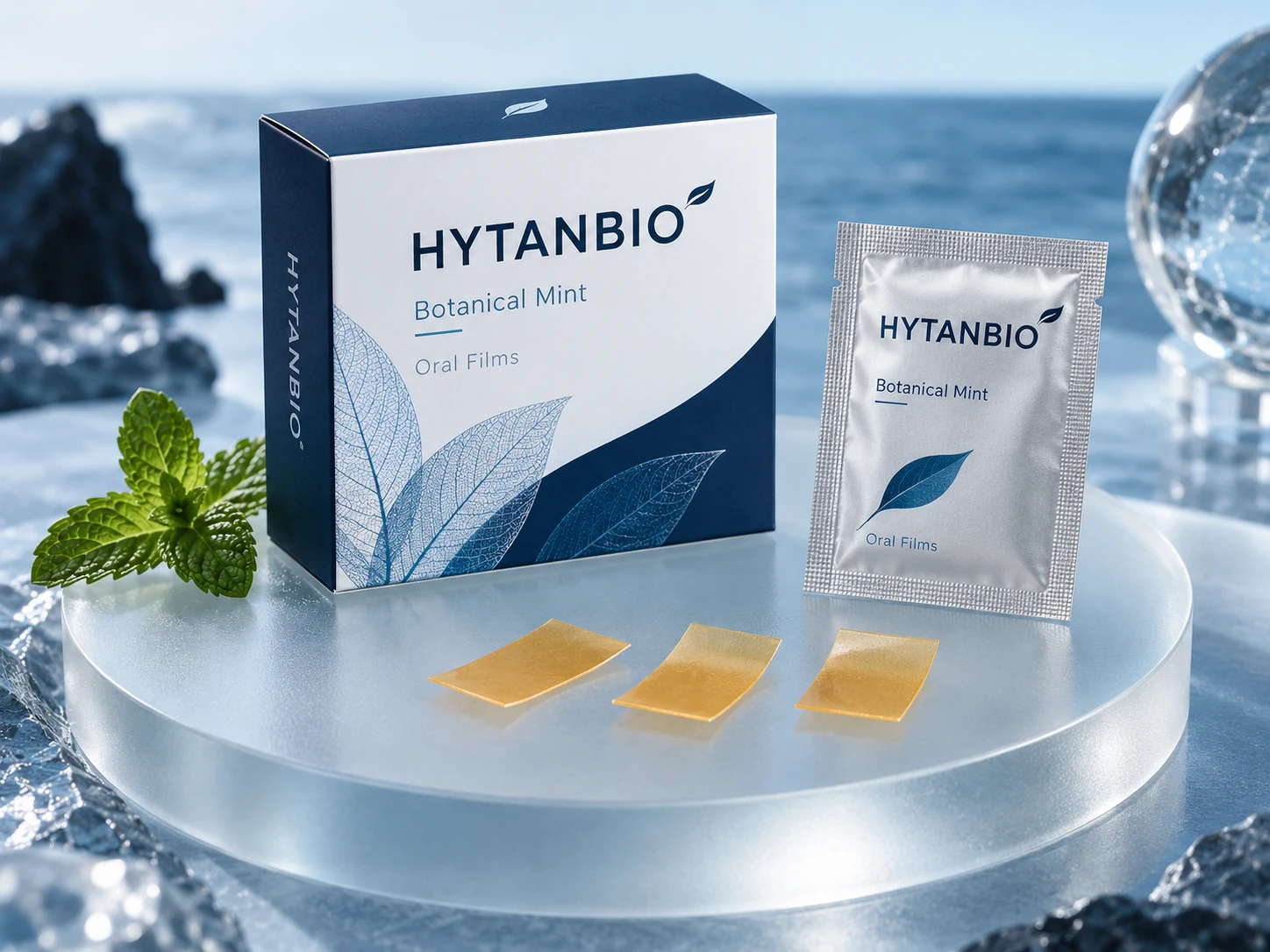 HYTANBIO Botanical Mouth Refresh Films illustrative thin-film product and sachet packaging