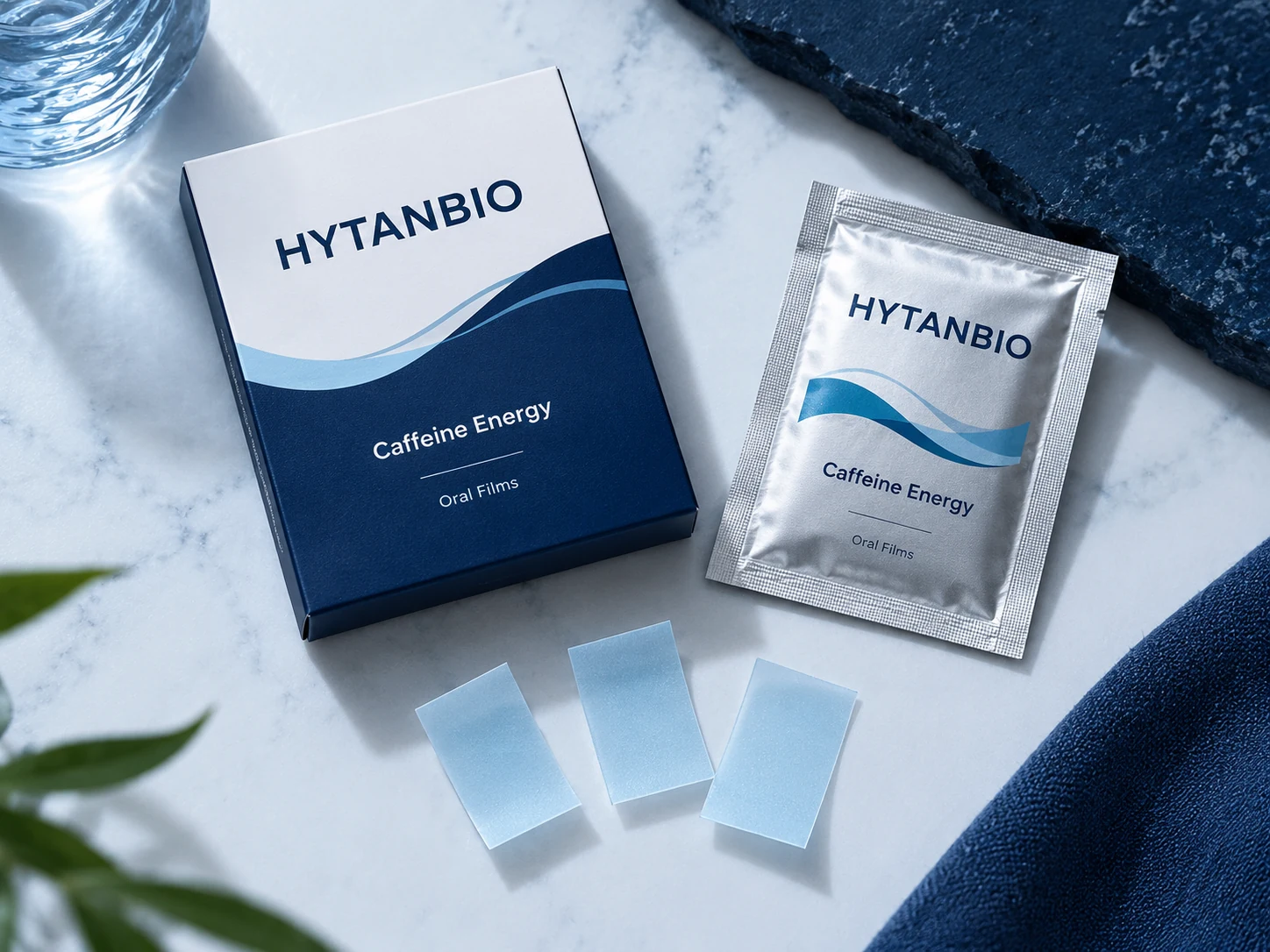 HYTANBIO Caffeine Energy Oral Films illustrative thin-film product and sachet packaging