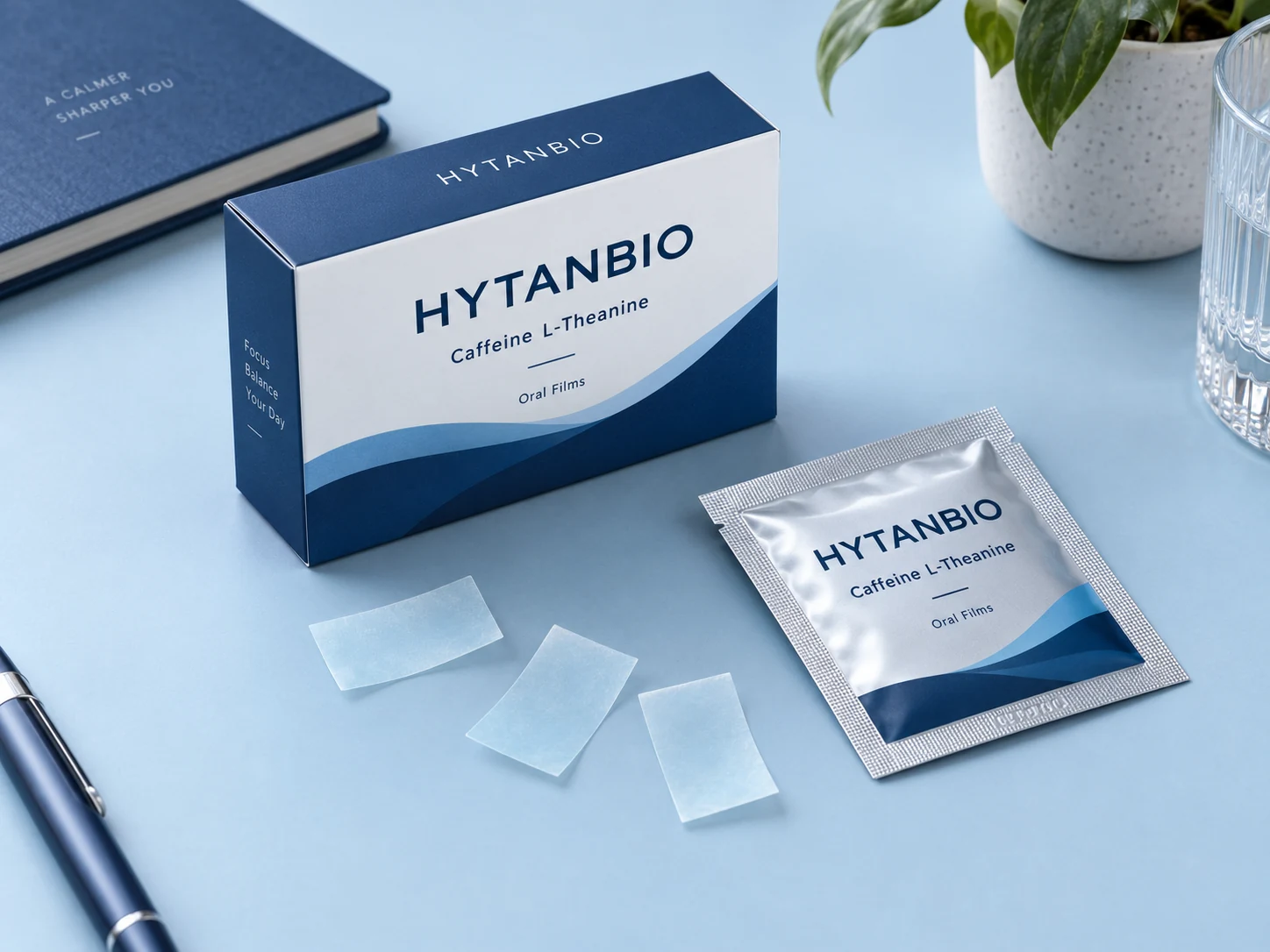 HYTANBIO Caffeine & L-Theanine Focus Films illustrative thin-film product and sachet packaging