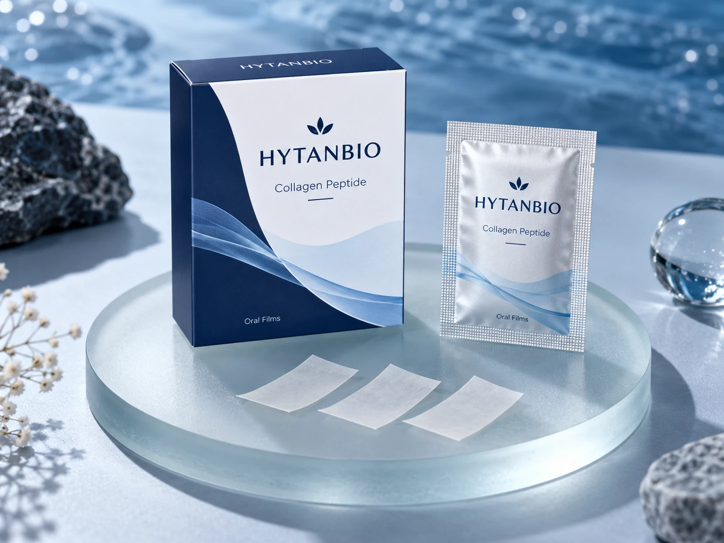HYTANBIO Collagen Peptide Beauty Films illustrative thin-film product and sachet packaging
