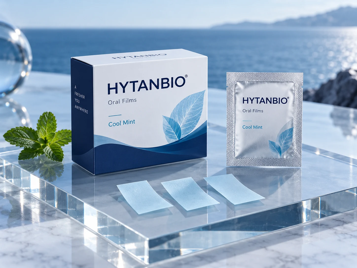 HYTANBIO Cool Mint Fresh Breath Films illustrative thin-film product and sachet packaging