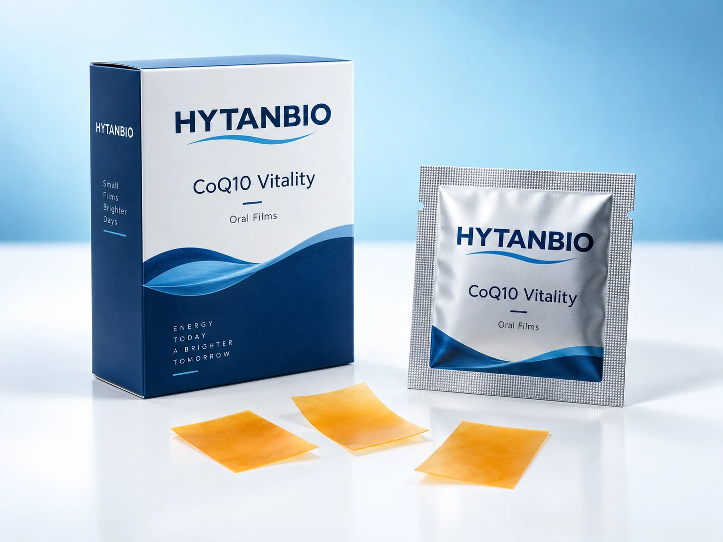 HYTANBIO CoQ10 Vitality Oral Films illustrative thin-film product and sachet packaging