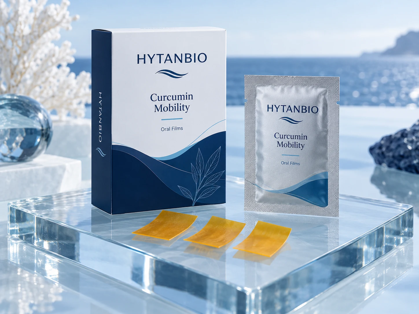 HYTANBIO Curcumin Mobility Oral Films illustrative thin-film product and sachet packaging