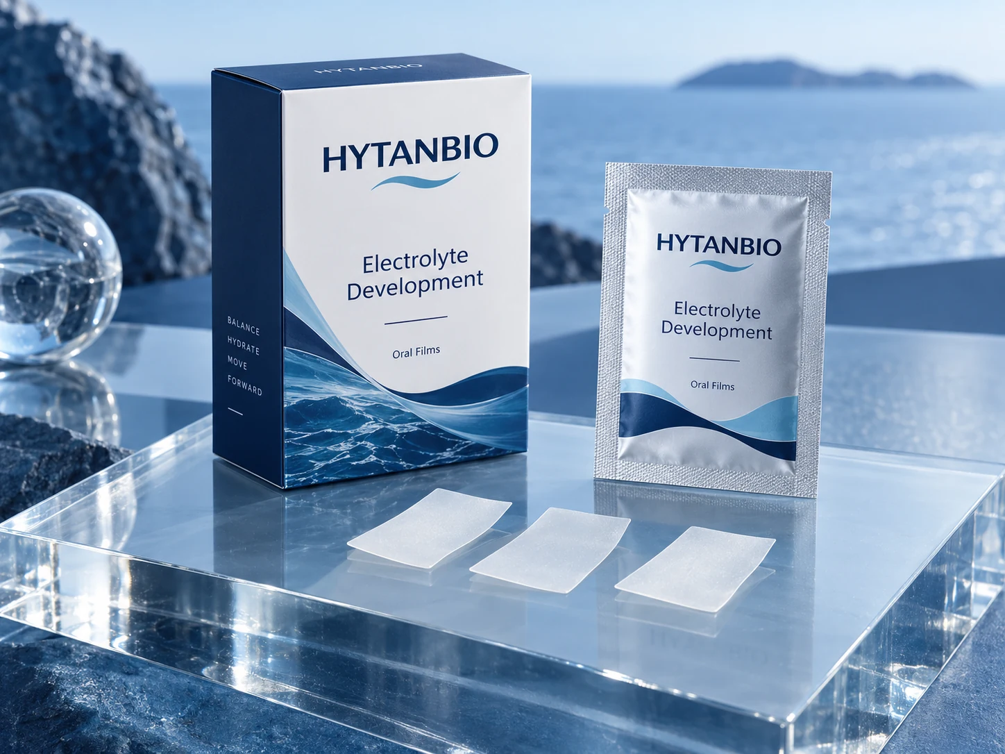 HYTANBIO Electrolyte Development Oral Films illustrative thin-film product and sachet packaging