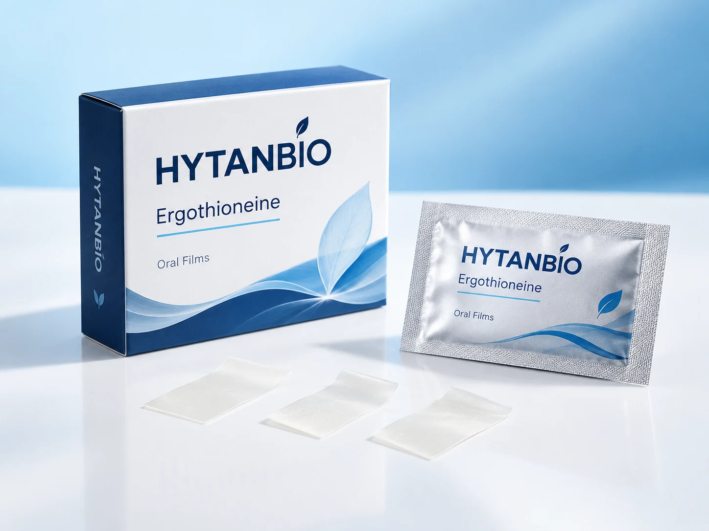 HYTANBIO Ergothioneine Beauty Films illustrative thin-film product and sachet packaging
