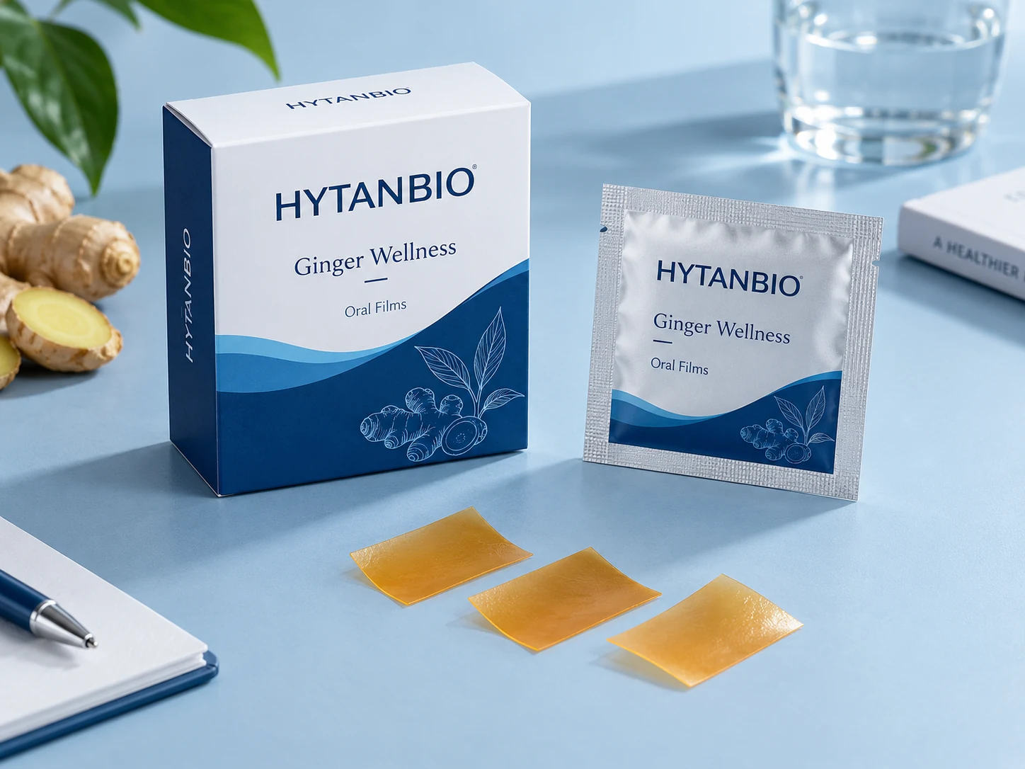 HYTANBIO Ginger Digestive Wellness Films illustrative thin-film product and sachet packaging
