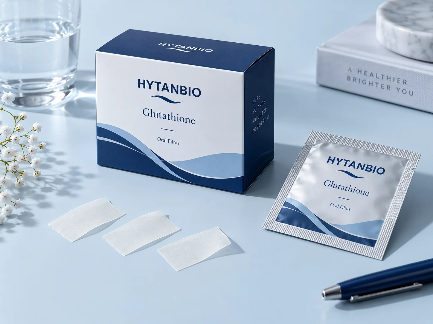 HYTANBIO Glutathione Antioxidant Films illustrative thin-film product and sachet packaging