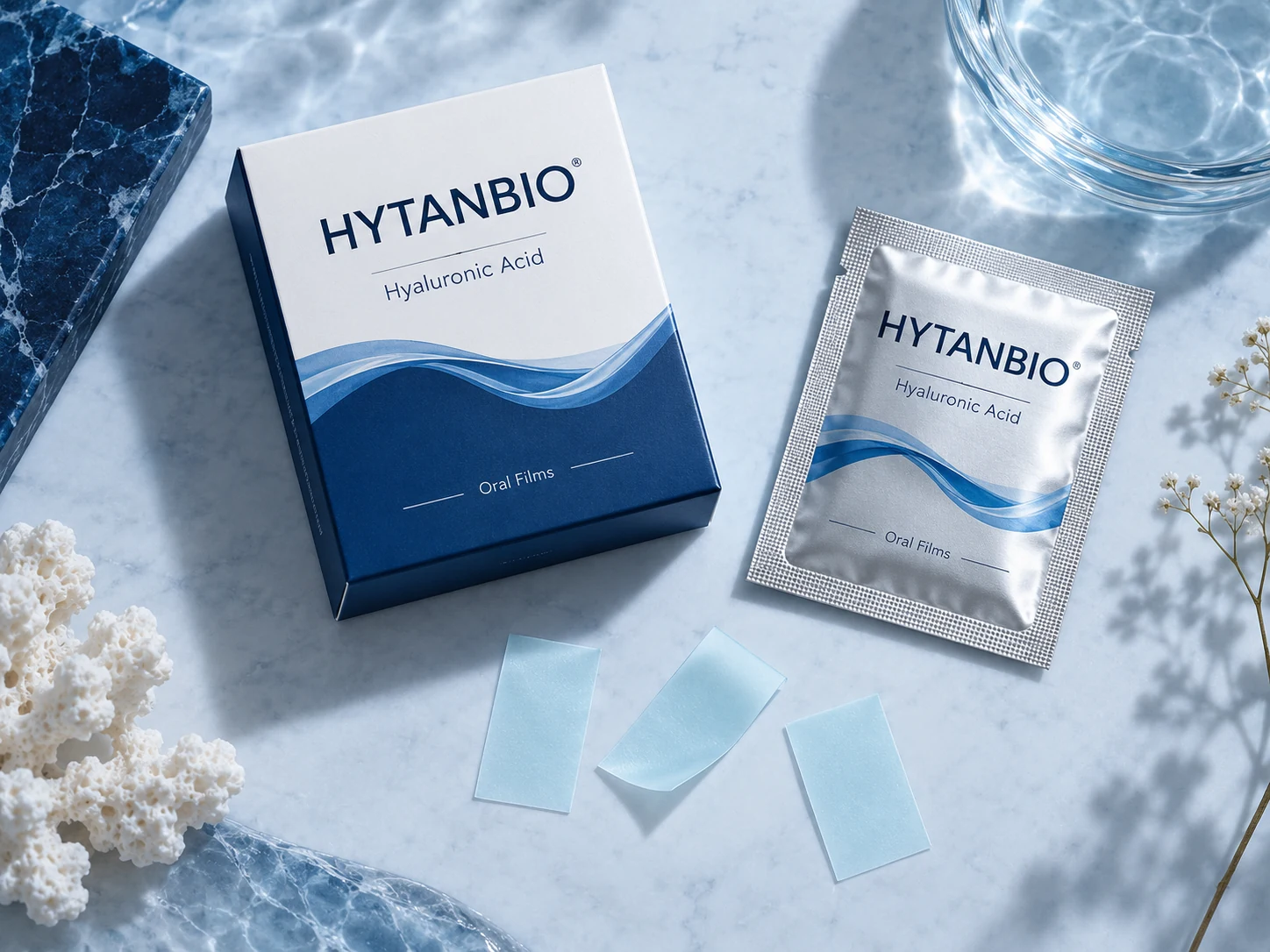 HYTANBIO Hyaluronic Acid Beauty Films illustrative thin-film product and sachet packaging