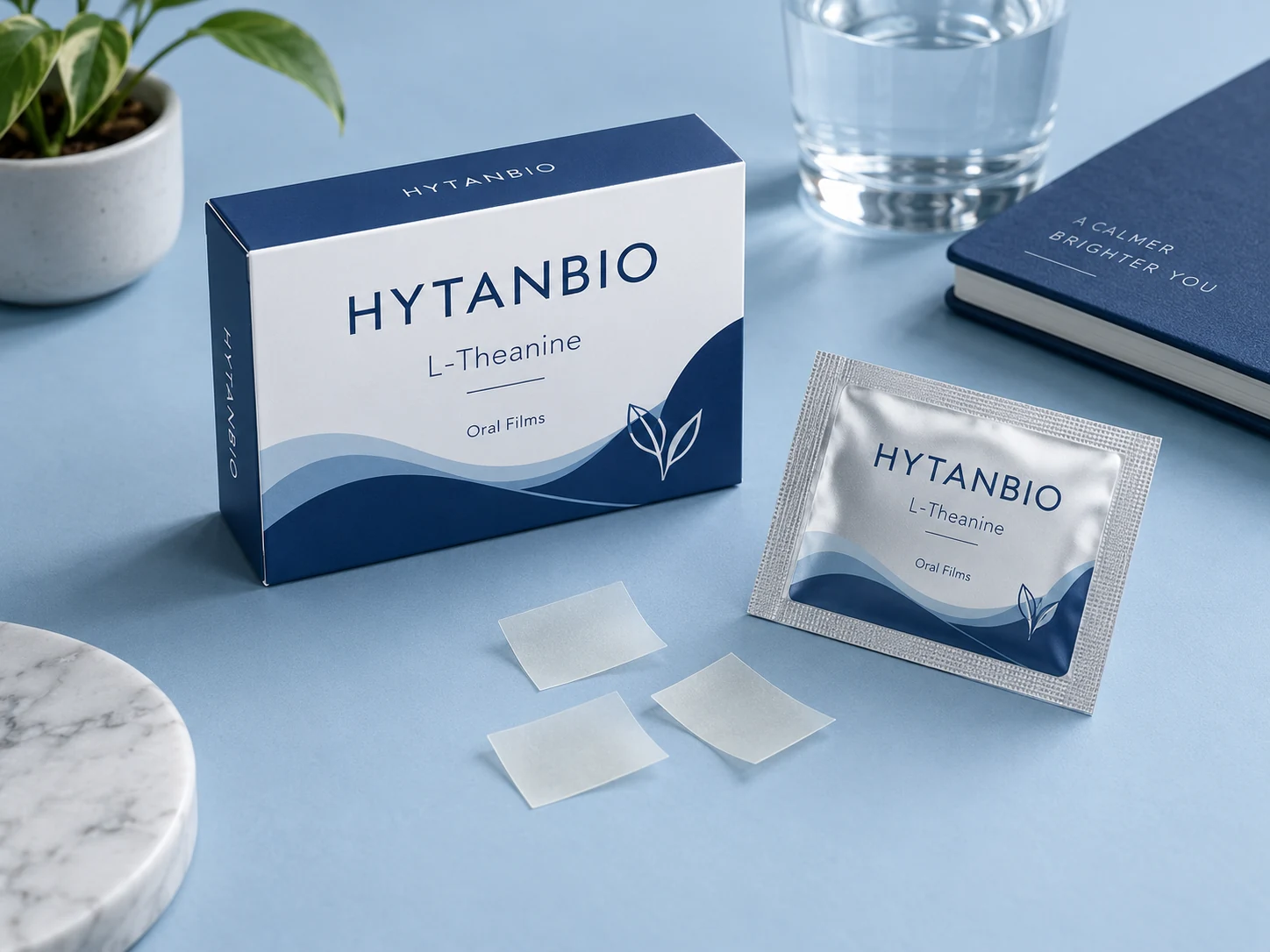 HYTANBIO L-Theanine Calm Oral Films illustrative thin-film product and sachet packaging