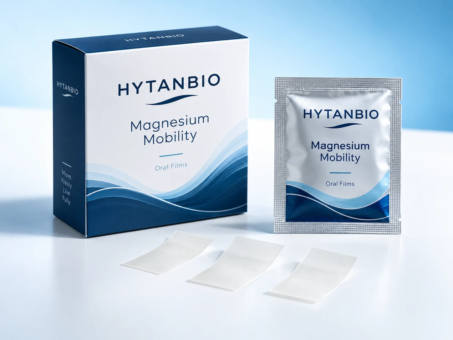 HYTANBIO Magnesium Mobility Oral Films illustrative thin-film product and sachet packaging