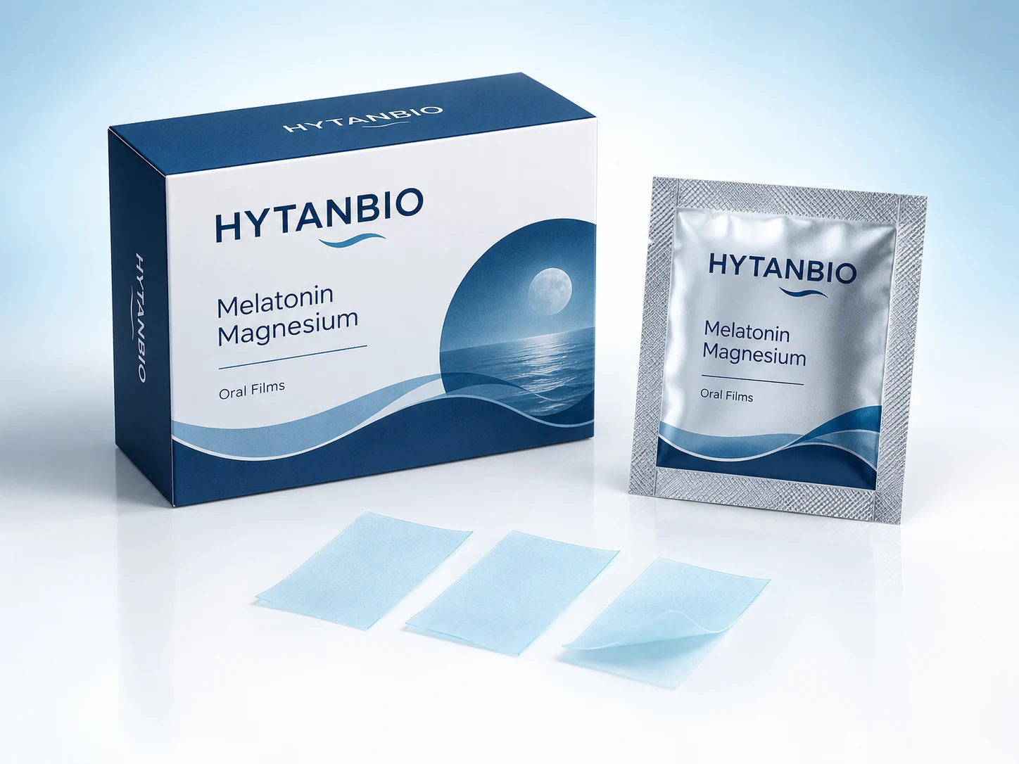 HYTANBIO Melatonin & Magnesium Films illustrative thin-film product and sachet packaging