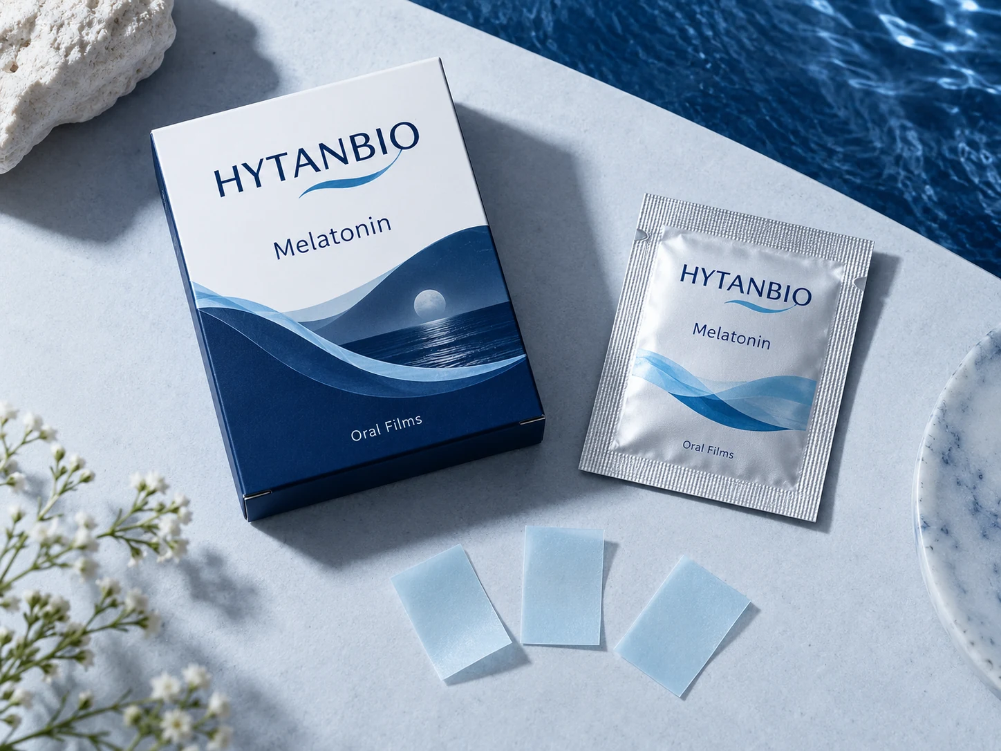 HYTANBIO Melatonin Sleep Oral Films illustrative thin-film product and sachet packaging