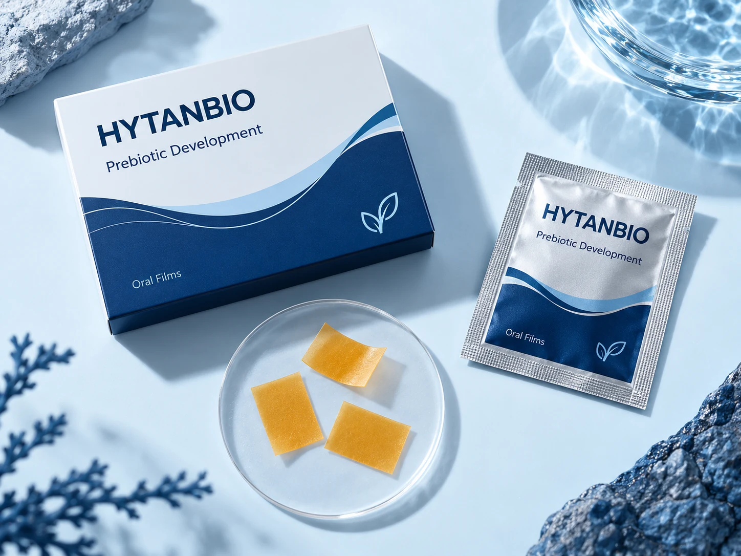 HYTANBIO Prebiotic Development Oral Films illustrative thin-film product and sachet packaging
