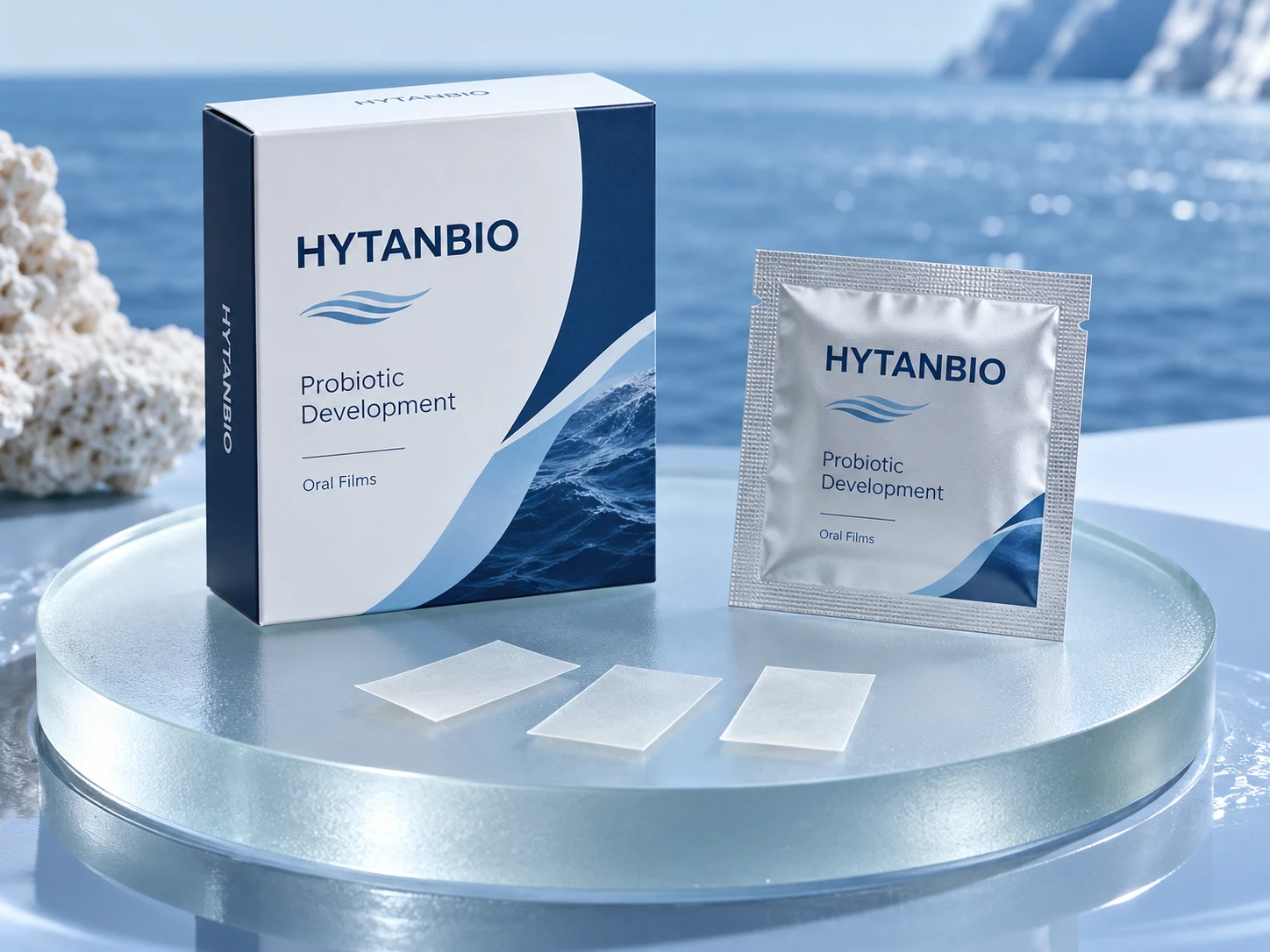 HYTANBIO Probiotic Development Oral Films illustrative thin-film product and sachet packaging