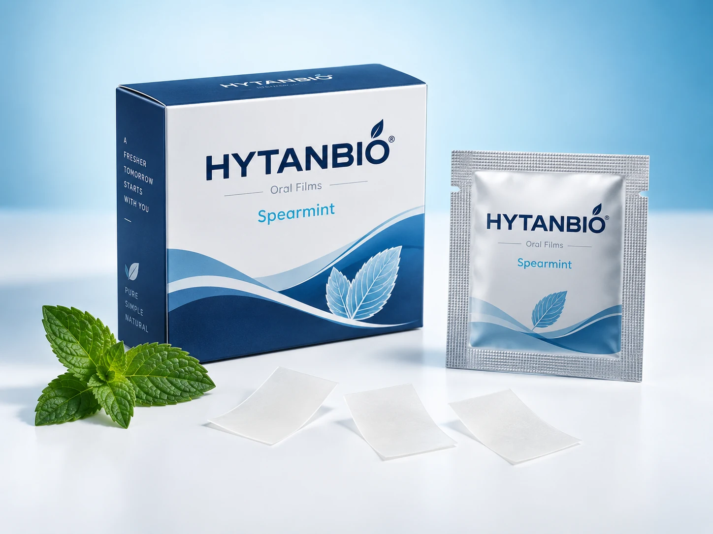 HYTANBIO Spearmint Oral Care Films illustrative thin-film product and sachet packaging