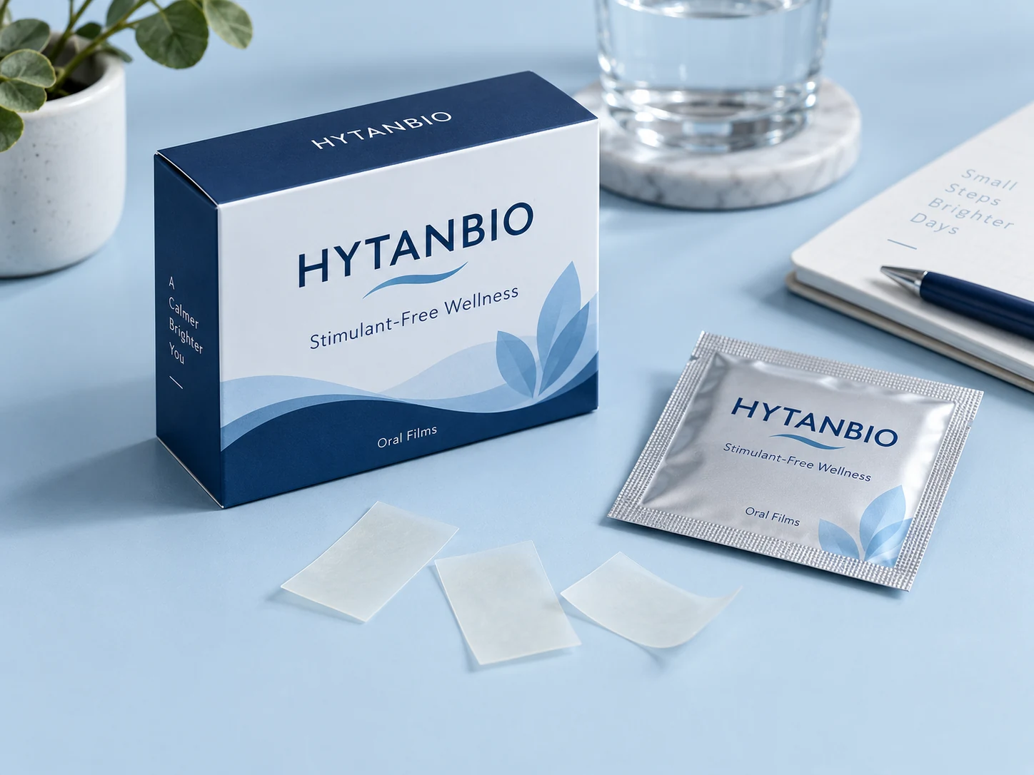HYTANBIO Stimulant-Free Wellness Oral Films illustrative thin-film product and sachet packaging