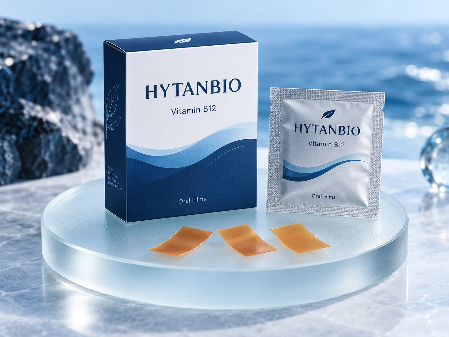 HYTANBIO Vitamin B12 Oral Films illustrative thin-film product and sachet packaging