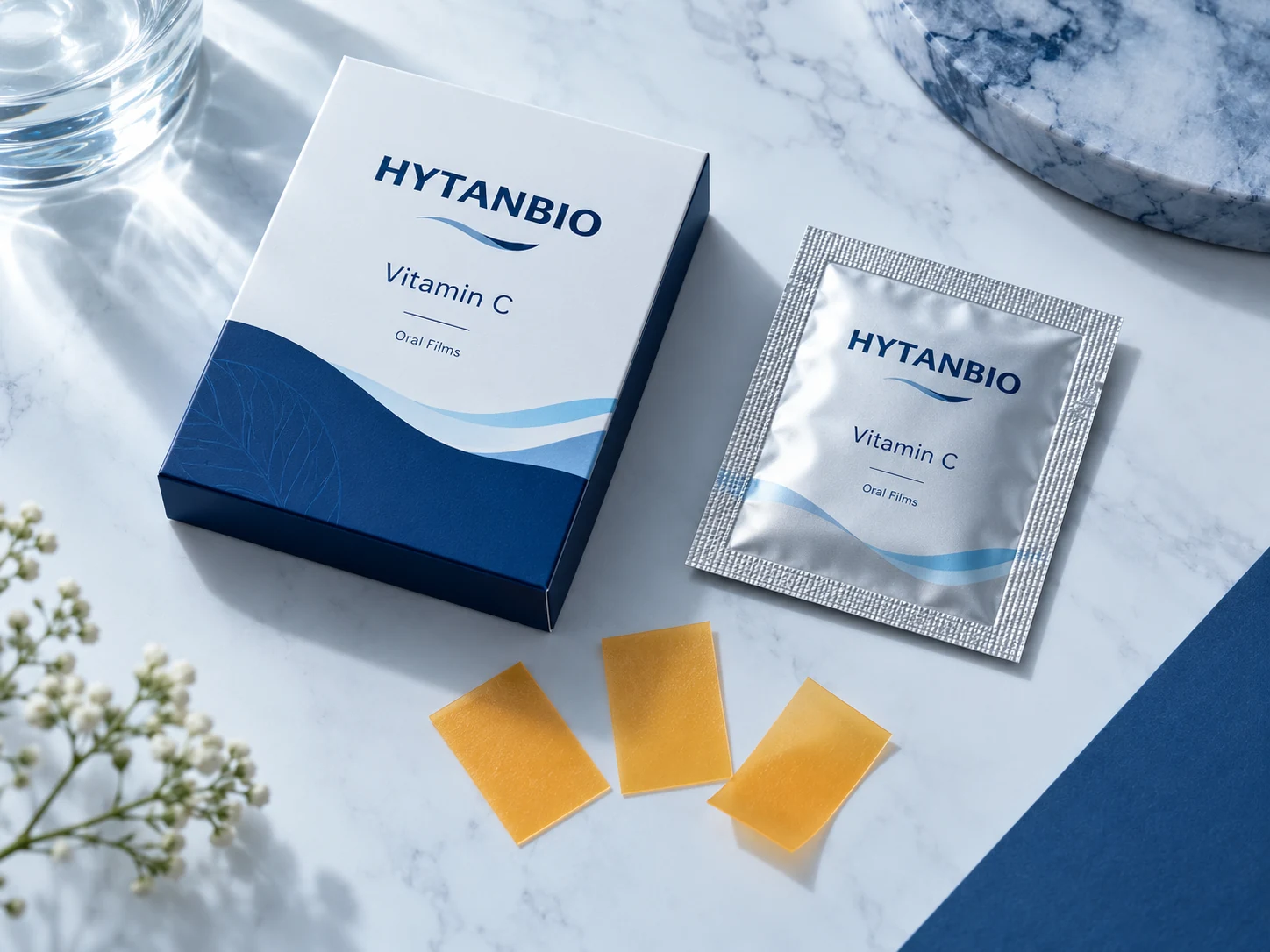 HYTANBIO Vitamin C Oral Films illustrative thin-film product and sachet packaging