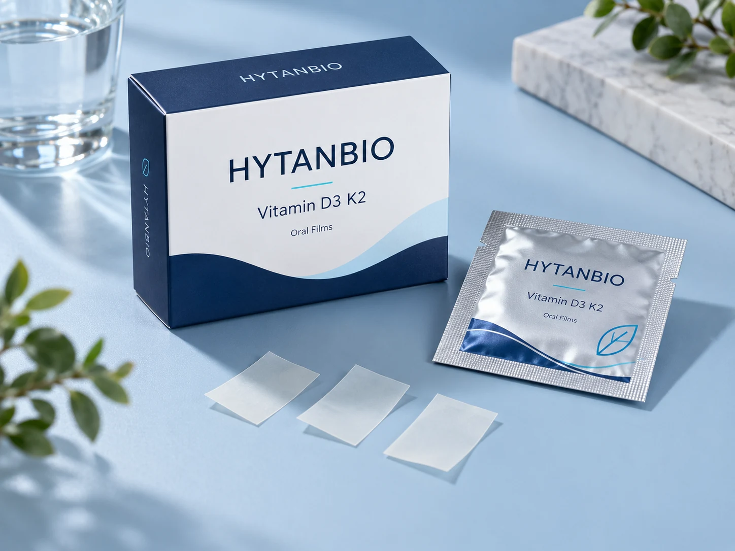HYTANBIO Vitamin D3 & K2 Oral Films illustrative thin-film product and sachet packaging